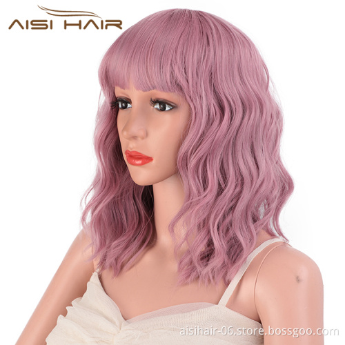 Aisi Hair Wholesale Hign Quality Synthetic Short Bob Pink Wig With Neat Bangs Short Curly Wave Wigs For Black Women